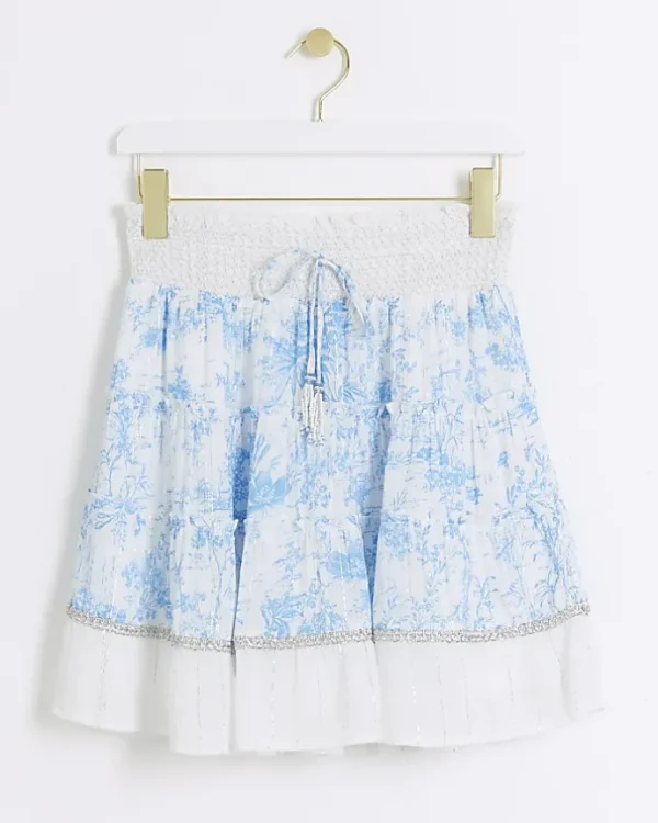 White floral shirred mini skirt