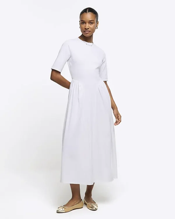 White godet detail t-shirt midi dress