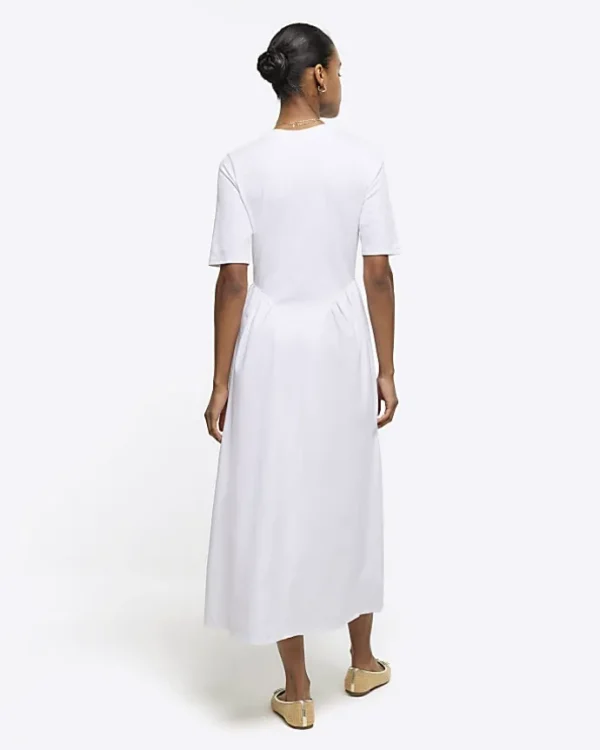 White godet detail t-shirt midi dress