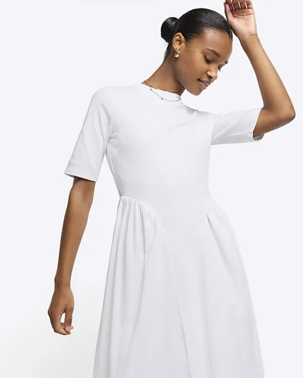 White godet detail t-shirt midi dress