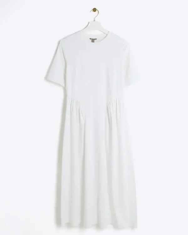 White godet detail t-shirt midi dress