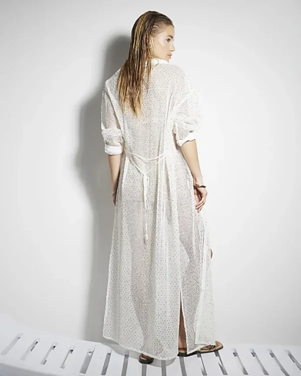 White mesh sequin beach maxi shirt dress