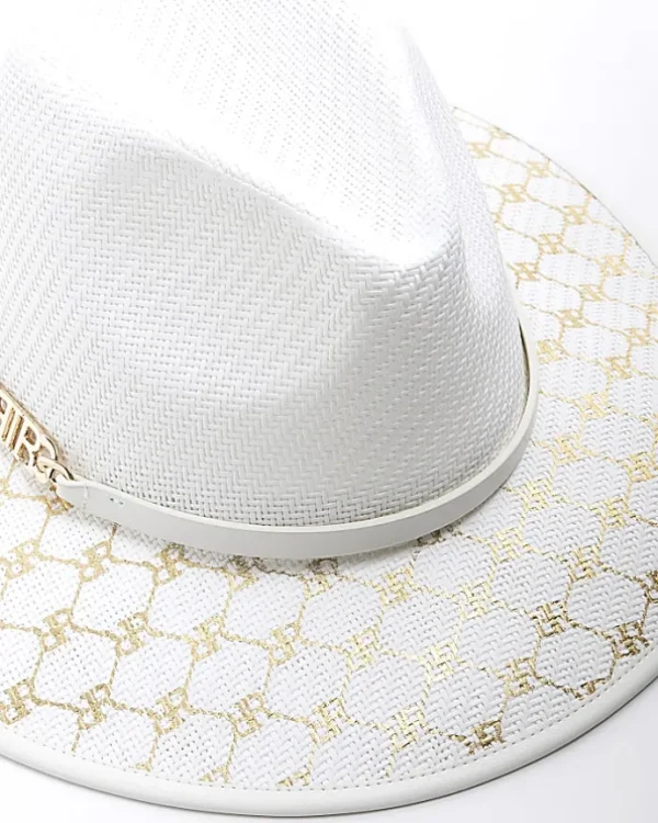 White monogram straw fedora hat