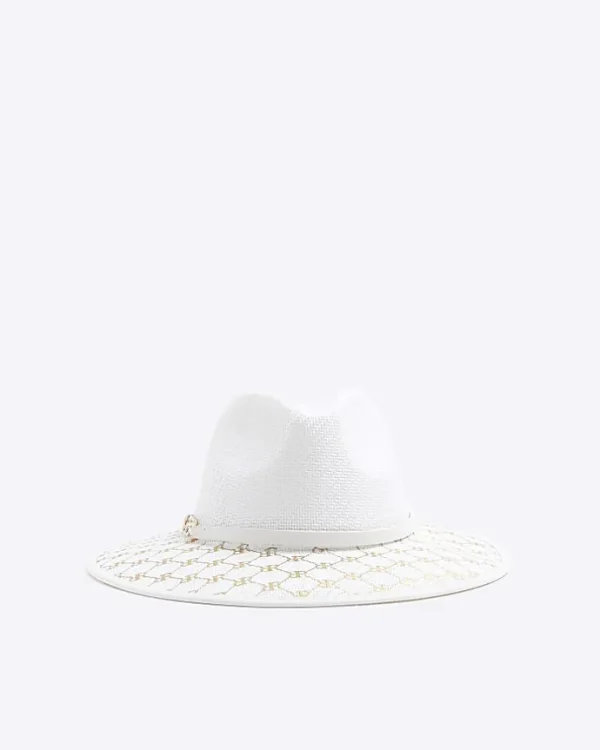 White monogram straw fedora hat