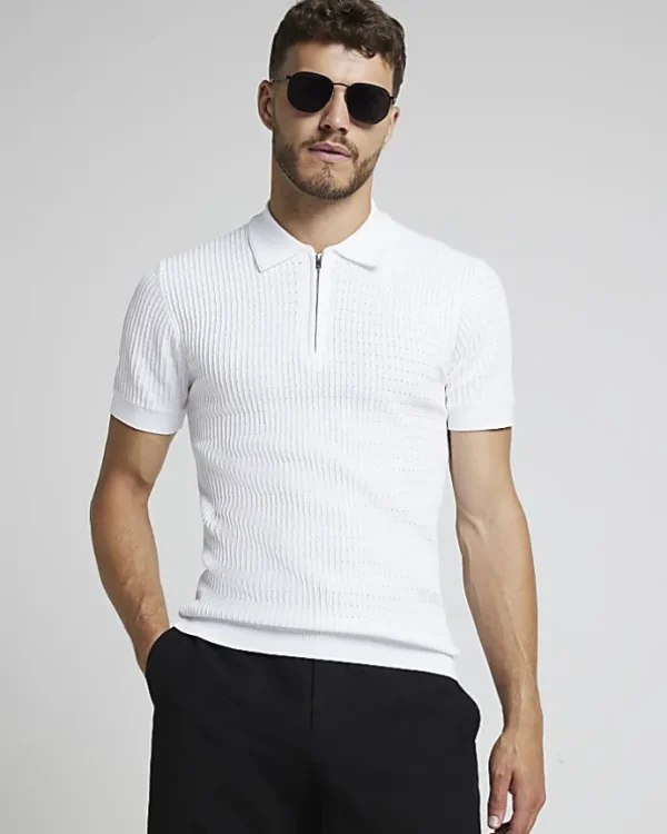 White muscle fit knitted half zip polo