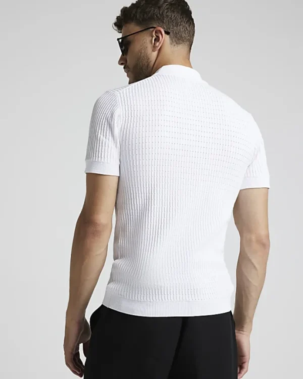 White muscle fit knitted half zip polo