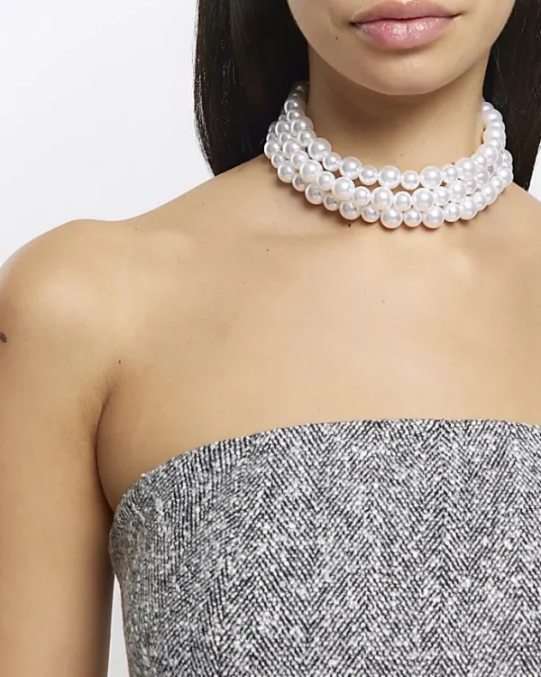 White Pearl Multirow Choker Necklace