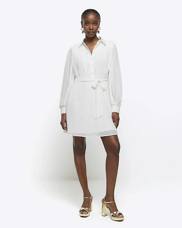 White plisse tie waist mini shirt dress