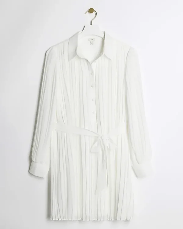 White plisse tie waist mini shirt dress