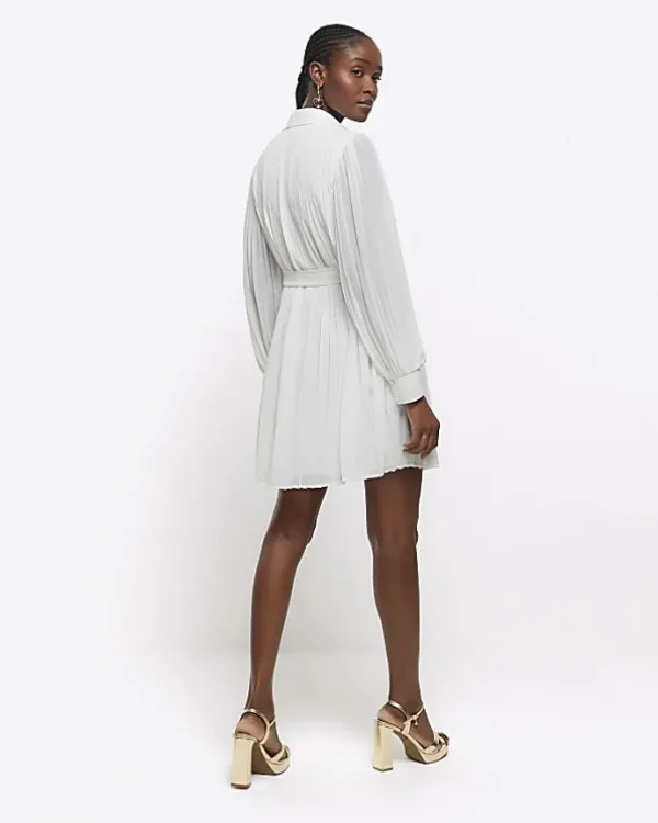 White plisse tie waist mini shirt dress