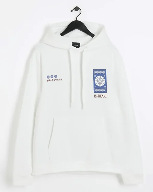 White regular fit graphic Japanese hoodie