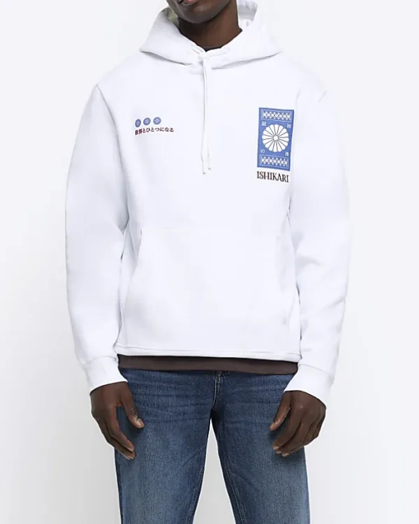 White regular fit graphic Japanese hoodie