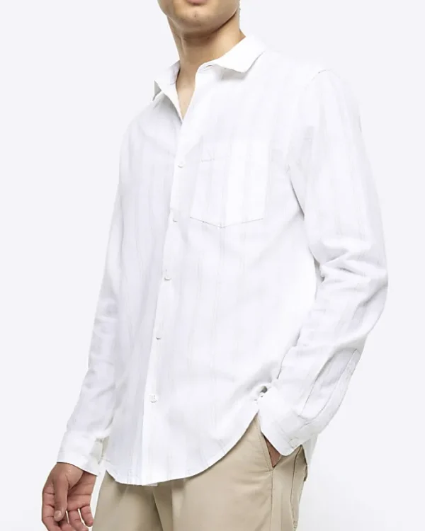 White regular fit striped linen blend shirt