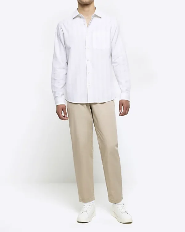 White regular fit striped linen blend shirt