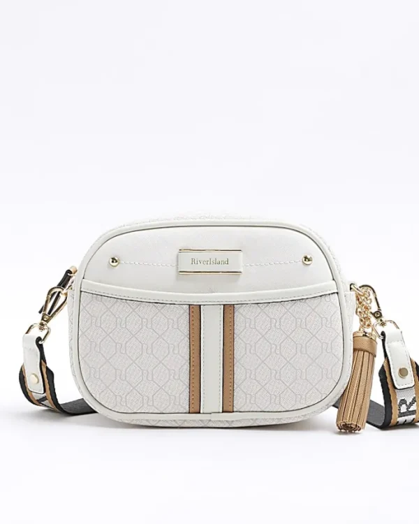 White RI monogram cross body camera bag