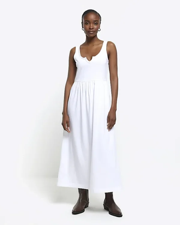 White scoop neck skater midi dress