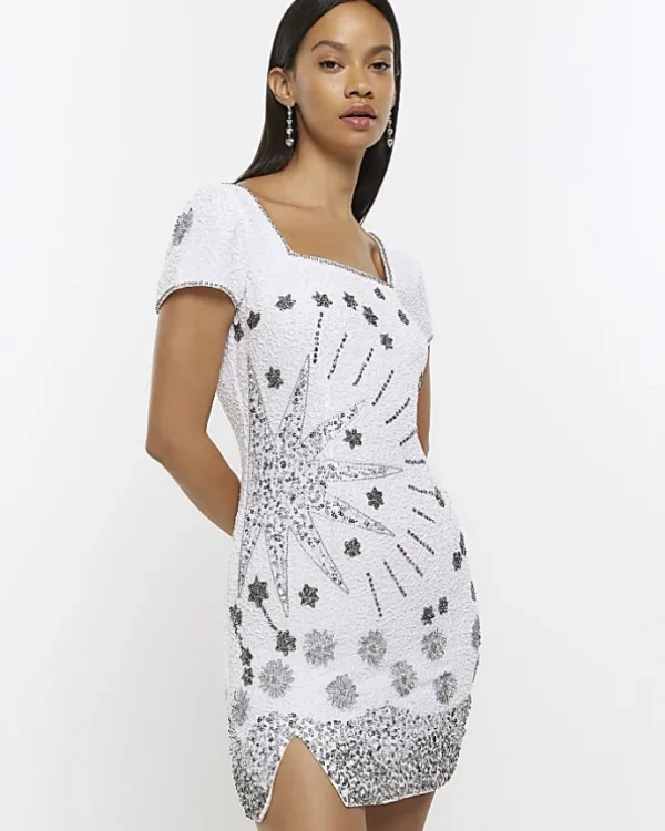 White silk sequin detail bodycon mini dress