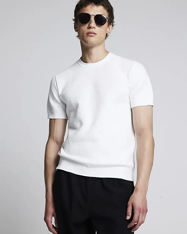 White slim fit textured knit t-shirt