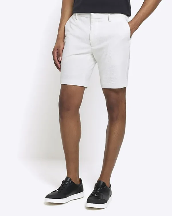 White slim fit waffle shorts