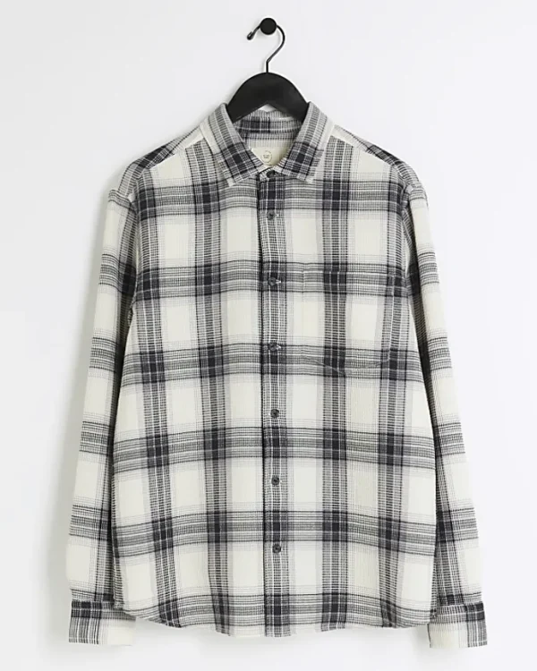 White slim fit waffle textured check shirt