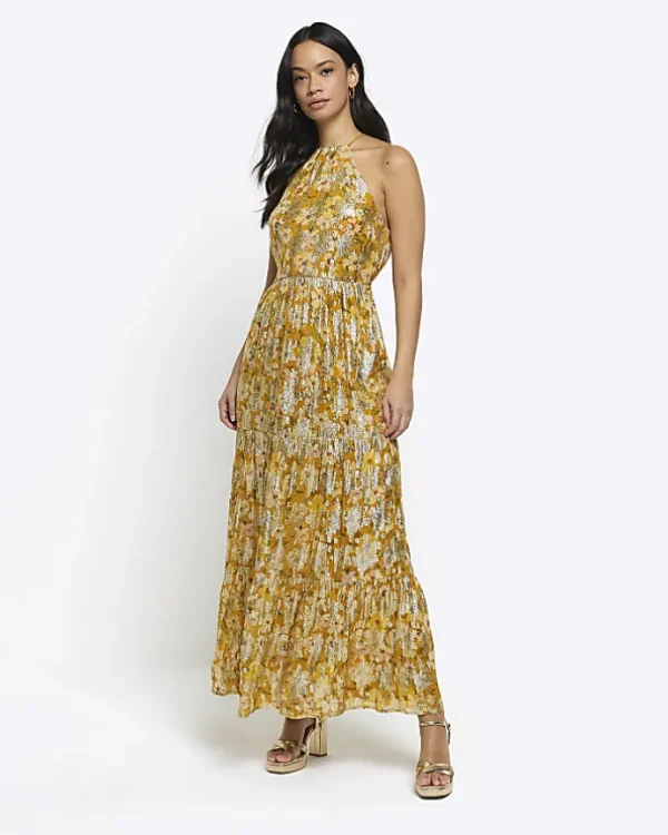 Yellow floral glitter slip maxi dress