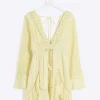 Yellow lace sleeve beach mini dress