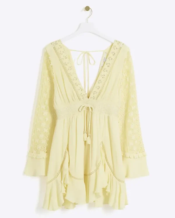 Yellow lace sleeve beach mini dress