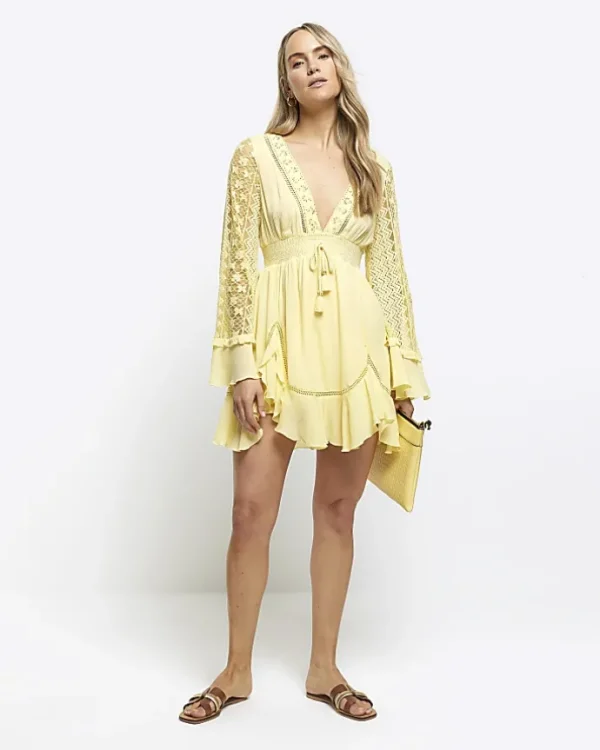 Yellow lace sleeve beach mini dress