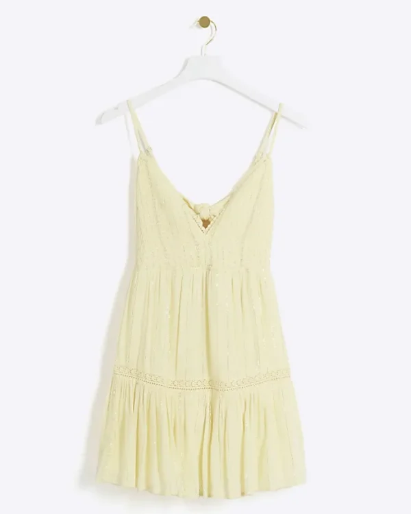 Yellow shirred tiered beach mini dress